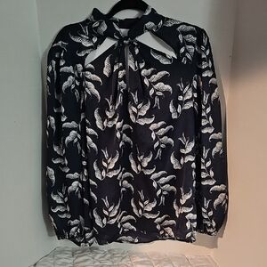 Lane Bryant Navy and White Leaf Pattern Blouse